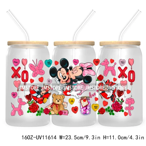 Happy Valentine's Day Cartoon Mouse Couple 16OZ UV Cup Wrap DTF Transfer Sticker For Libbey Glass Can Cups Tumbler XOXO Love Bug