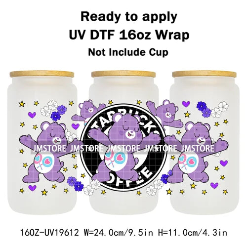 Cheerful Floral Hearts Cartoon Bears Clipart UV DTF Transfer Stickers Cup Tumbler Wrap For 16OZ Libbey Glass Bottle Cup Wraps