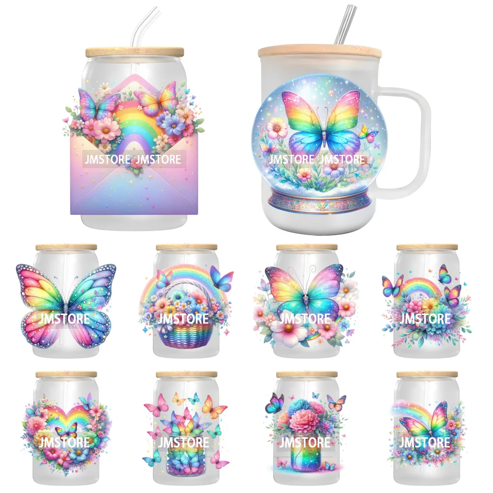 Vibrant Rainbow Butterfly Floral UV Sticker Decals For Libbey Cold Cups Mug Tumbler Transfer Stickers Durable Top Quality Labels