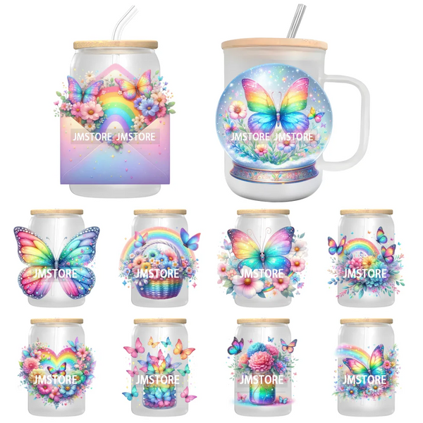 Vibrant Rainbow Butterfly Floral UV Sticker Decals For Libbey Cold Cups Mug Tumbler Transfer Stickers Durable Top Quality Labels