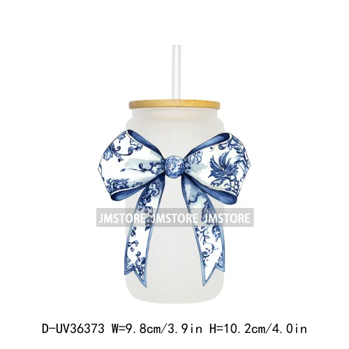 Blue Chinoiserie Coquette Bow UV Sticker Decals For Libbey Cold Cups Mug Tumbler Transfer Stickers Waterproof Top Quality Prints