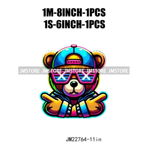 Cool Neon Colorful Hip Hop Streetwear Urban Teddy Bear Iron On DTF Transfers Stickers Ready To Press For Clothing Bags