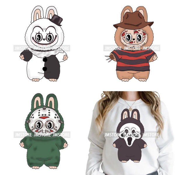 Retro Laboo Halloween Horror Character Washable Printing Iron on DTF Heat Transfers Stickers Ready to Press for Clothes Bags