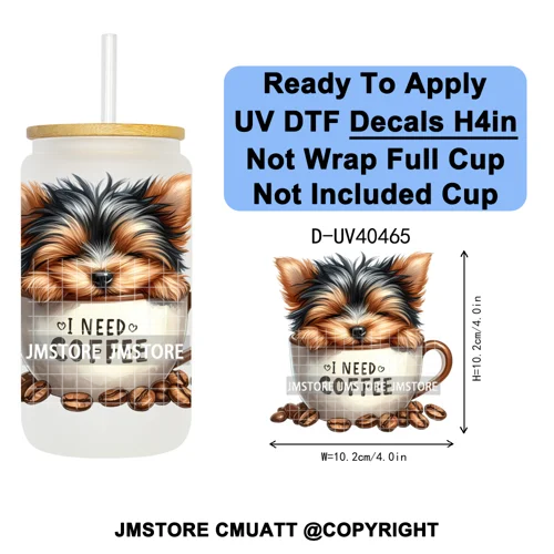 Puppy Coffee Dog Cartoon Pet Lover UV DTF Decals Ready To Apply Waterproof Transfer Stickers For 16OZ Libbey Glass Can Tumbler