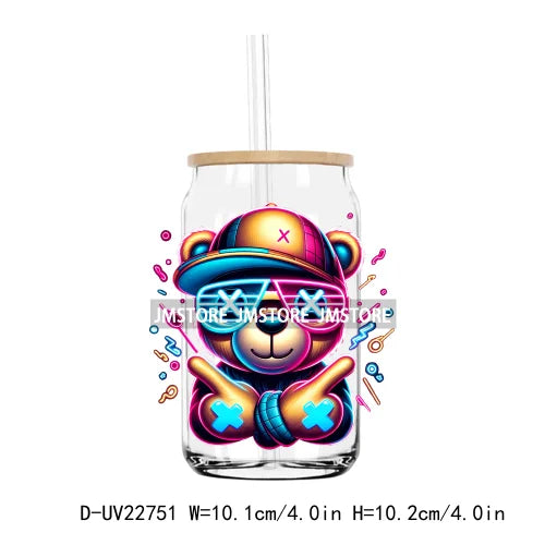 Colorful Neon Teddy Bear Urban Style UV DTF Transfers Stickers Decals For Libbey Cold Cups Mugs Tumbler Waterproof DIY Craft