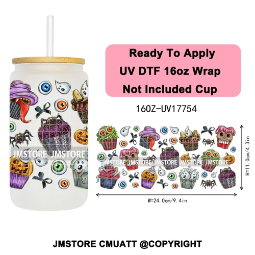 Halloween Cupcake Cartoon Character Ghost 16OZ UV DTF Cup Wraps Ready To Apply Waterproof Transfer Stickers For Libbey Glass Can