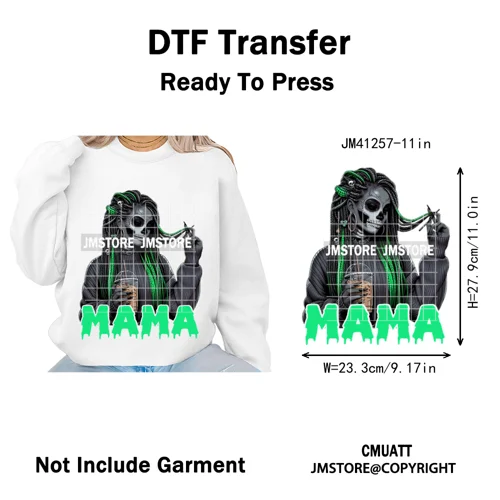 Coffee Lover Afro Mama Spooky Halloween Killer Cartoon Women Iron on Washable DTF Transfers Stickers Ready to Press for Hoodies