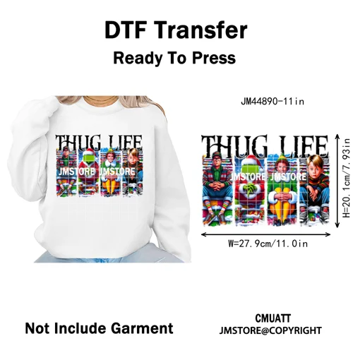 Winter Christmas Cartoon Holiday Characters Thug Life Green Iron on Washable DTF Transfers Stickers Ready to Press for Textiles