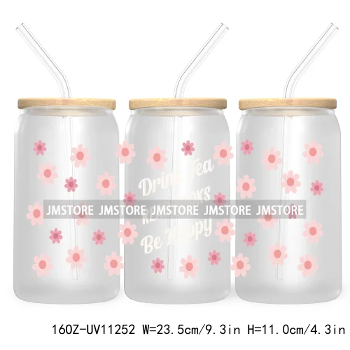 Trendy Coffee And Books Reading Floral Flowers 16OZ UV Cup Wrap DTF Transfer Stickers For Libbey Glass Can Cups Tumbler Labels