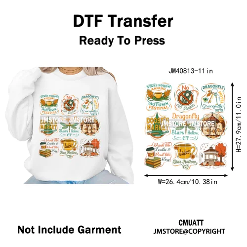 Autumn Festival Fall Season Stars Movie Girls Town Book Lover Iron on Washable DTF Transfers Stickers Ready to Press for Hoodies
