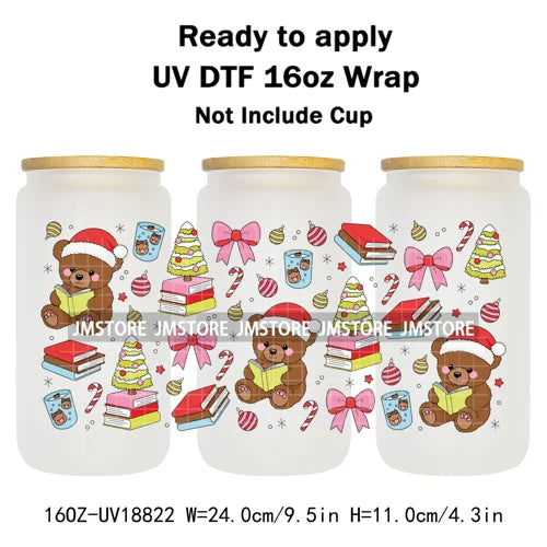 Christmas Bookish Santa Stocking Gifts UV DTF Cup Wrap Ready To Apply Transfer Stickers Waterproof For 16OZ Libbey Glass Can Mug