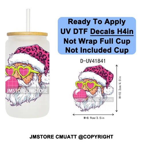 Retro Santa Claus Blowing Bubble Christmas UV DTF Decals Ready To Apply Waterproof Transfer Stickers For 16OZ Libbey Glass Can