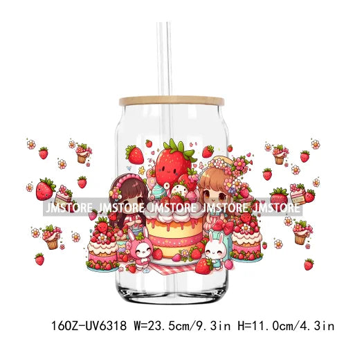 Cute Cartoon Cat Strawberry 16OZ UV DTF Cup Wrap Transfers Stickers Custom Labels Durable Waterproof Logo For Libbey Glass Can