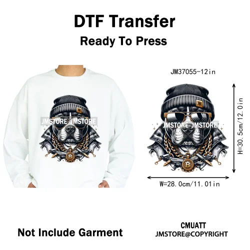 12in Streetwear Vibes Rich Cool Cartoon Bulldog King Designs Washable Iron on DTF Transfers Stickers Ready to Press for Clothes