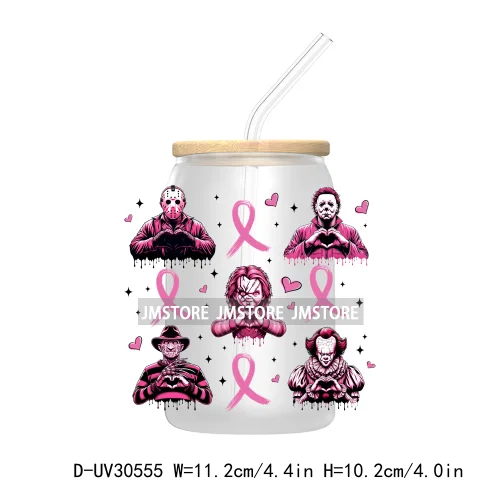 Pink October Breast Cancer Awareness UV DTF Transfer Stickers Decals For Libbey Cold Cups Mugs Tumbler Waterproof Horror Movie