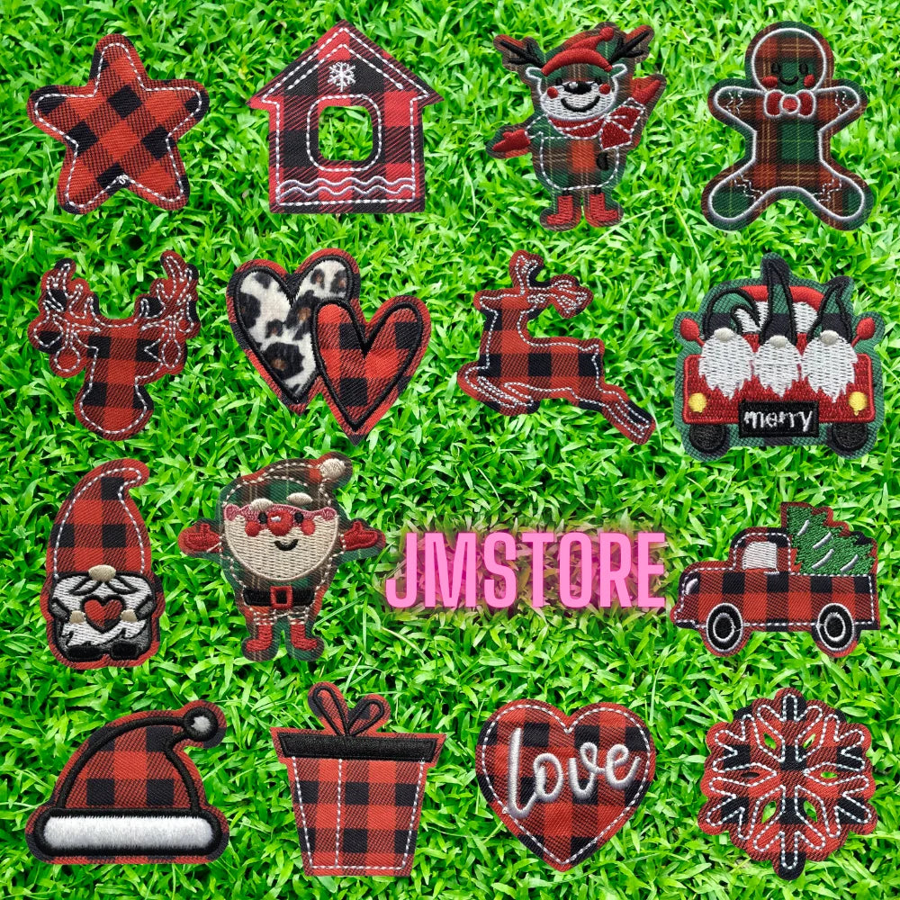 Red Checkered Christmas Icons Cozy Winter Season Lover Festive Decoration Embroidery Appliques Iron on Patches for Clothes Bags