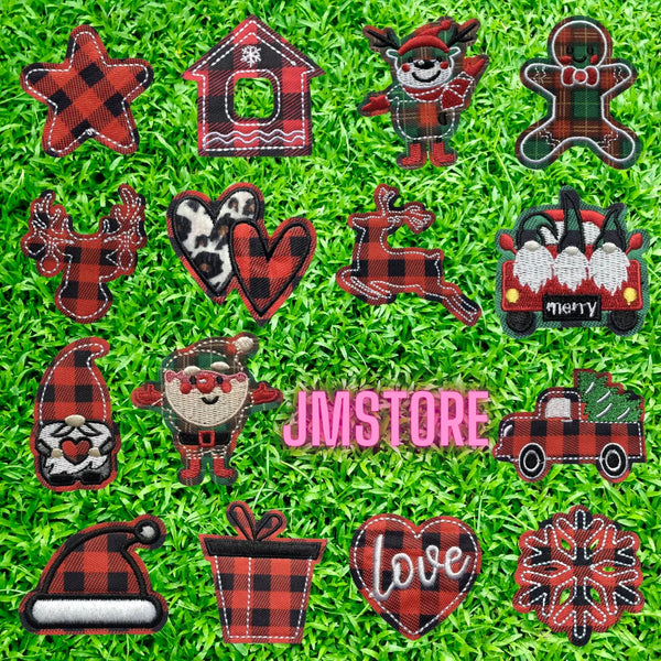 Red Checkered Christmas Icons Cozy Winter Season Lover Festive Decoration Embroidery Appliques Iron on Patches for Clothes Bags