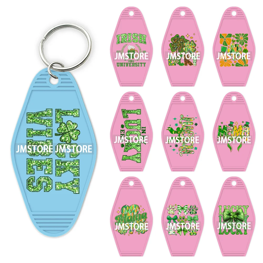 Faux Glitter Lucky Vibes St Patrick's Day Coquette Bow Green Shamrock Custom WaterProof UV DTF Stickers For Motel Hotel Keychain