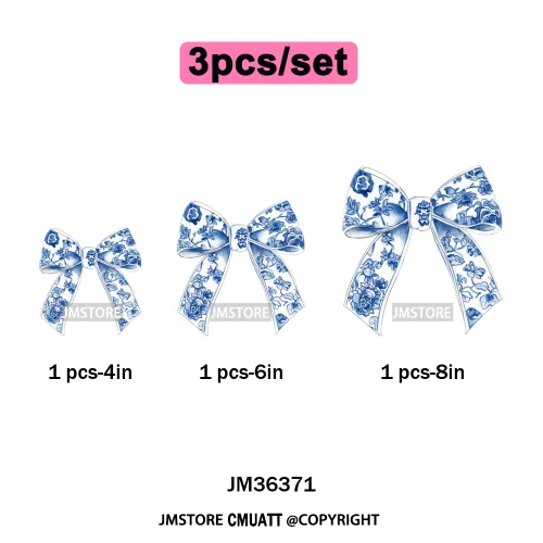 Blue And White Toile Chinoiserie Floral Coquette Bow Thermal Decals Iron on DTF Transfers Stickers Ready to Press for Clothing