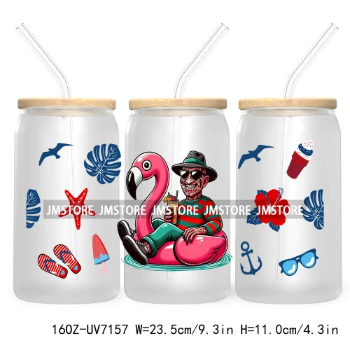 Horror's Summer Vacation 16OZ UV DTF Cup Wrap Transfers Stickers For Libbey Glass Can Cups Tumbler Waterproof Craft Cartoon Girl