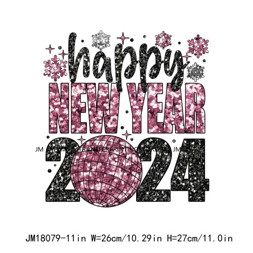 Hello 2024 Plastisol Decals In My 2024 12 New Chapters 365 New Chances Era Faux Glitter DTF Heat Transfer Sticker For Hoodies