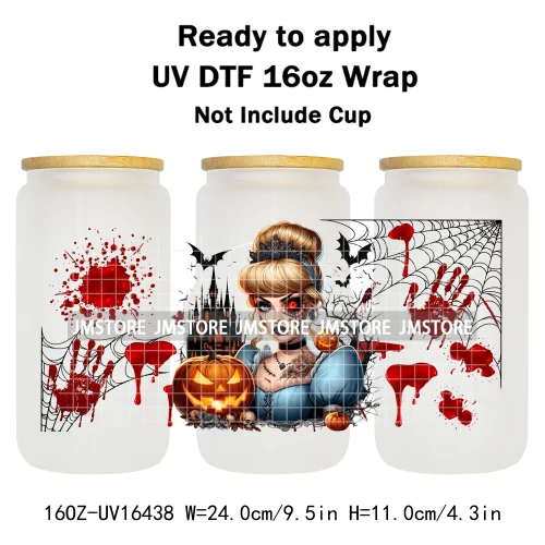 Halloween Witch Princess Bat Pumpkin UV DTF Wraps Transfer Stickers Waterproof High Quality For 16OZ Libbey Glass Can Tumbler