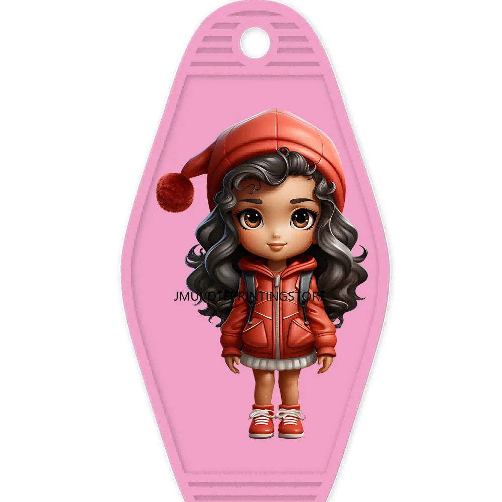 Merry Christmas Little Girls With Santa Hat High Quality WaterProof UV DTF Sticker For Motel Hotel Keychain