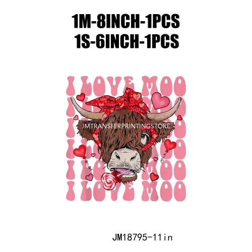 Hot Sale Western Highland Cow Pink Be Mine Heifer Valentine Printing DTF I Love Moo XOXO Heat Transfer Stickers For Hoodies