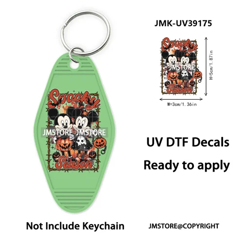 Spooky Halloween Cartoon Character Couple UV DTF Motel Keychain Wrap Ready To Apply Waterproof High Quality Hotel Keychain Decal
