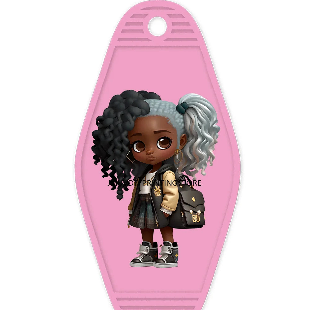 School Melanin Black Girls With Luggage High Quality WaterProof UV DTF Sticker For Motel Hotel Keychain Afro Children