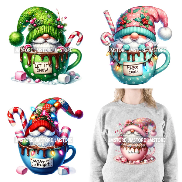 Cute Christmas Hot Cocoa Season Gnomes Sweet Winter Santa Quotes Iron On DTF Transfers Stickers Ready To Press T-shirts Bags