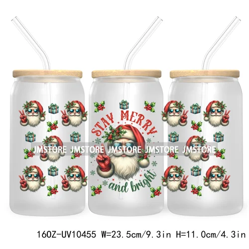 Merry Mama Social Club UV DTF Cup Wraps Transfers Sticker For 16OZ Libbey Glass Can Holiday Christmas Santa Tree Coquette Bow