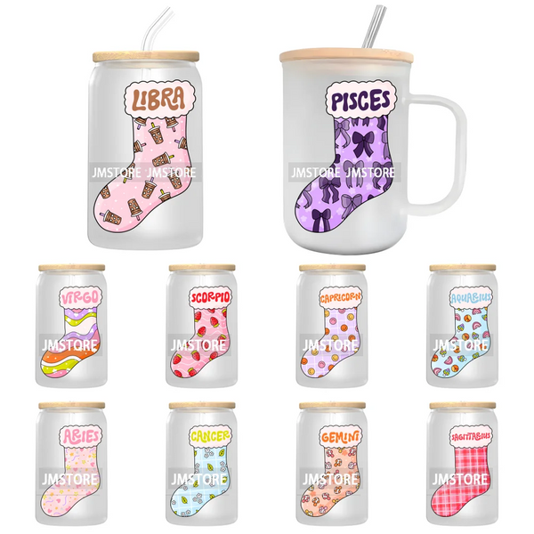 Zodiac Horoscope Signs Colorful Christmas Sock UV Sticker Decals For Libbey Cold Cup Mugs Tumbler Transfer Stickers Waterproof