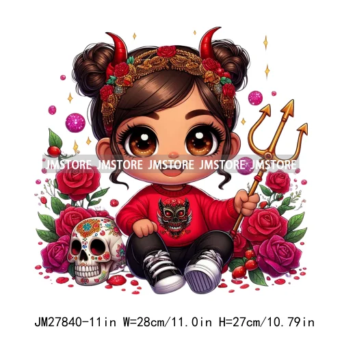 Chibi Cute Halloween Devil Latina Baby Hispanic Girls Skull Red Rose DTF Iron On Transfer Stickers Ready To Press For Sweatshirt