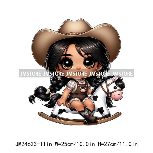Chibi Cute Latina Baby Cowgirl Dairy Cow Western Country Kids Washable Iron On DTF Transfers Stickers Ready To Press For Clothes