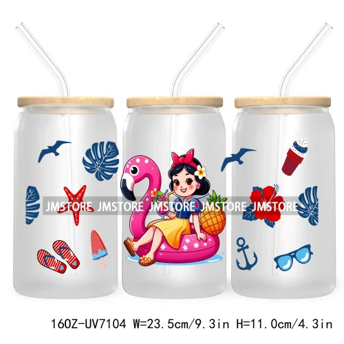 Cartoon Princess's Summer Vacation 16OZ UV DTF Cup Wrap Transfers Stickers For Libbey Glass Can Cups Tumbler Waterproof Craft