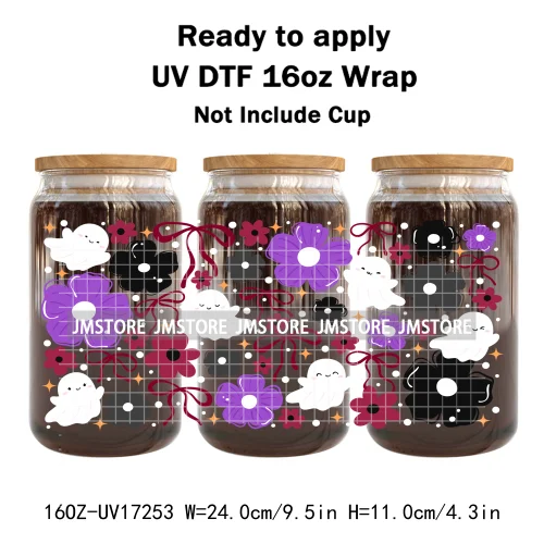 Floral Ghost Coquette Halloween Cherry Lip 16OZ UV DTF Cup Wraps Ready To Apply Waterproof Transfer Sticker For Libbey Glass Can