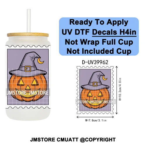 Halloween Stamps Trick Or Treat UV DTF Decals Ready To Apply Waterproof Transfer Stickers DIY Crafts For 16OZ Libbey Glass Can