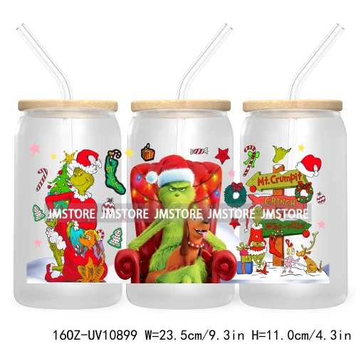 Retro Christmas Mean Guy UV DTF Cup Wrap For Libbey Glass Can Transfer Stickers Waterproof Custom Labels Merry Greenmas Xmas