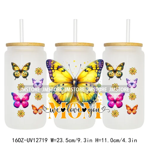 We Love You Mom Butterfly Flowers Mother's Day UV DTF Sticker For 16OZ Libbey Glass Cup Can Wrap Transfer Stickers Custom Labels