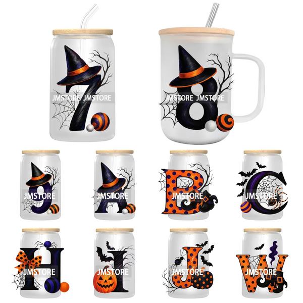 Polka Dot Pumpkin Halloween Letter Coquette UV DTF Decals Ready To Apply Waterproof Transfer Stickers For 16OZ Libbey Glass Can