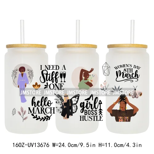 Lady Girl Power Black Woman Affirmations UV DTF Wraps Transfer Sticker Waterproof High Quality For 16OZ Libbey Glass Can Tumbler