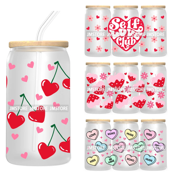 Funny Valentines Quotes 16OZ UV Cup Wrap DTF Transfer Stickers For Libbey Glass Can Cups Tumbler Self Love Valentine Hearts Kiss