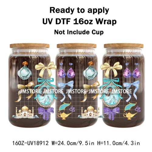 Coquette Bow Cartoon Princess Mirror UV DTF Cup Wrap Ready To Apply Transfer Stickers Waterproof Logo For 16OZ Libbey Glass Can