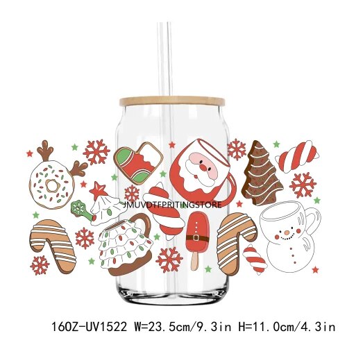 Christmas Santa Gingerbread 16OZ UV DTF Cup Wrap Transfer Sticker Custom Labels DIY Durable Waterproof Logo For Libbey Glass Can