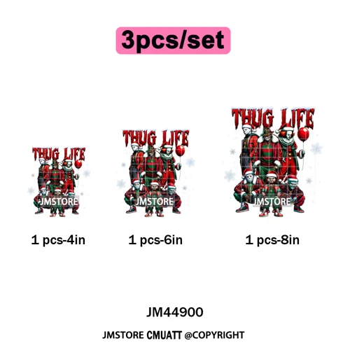 Winter Christmas Cartoon Holiday Characters Thug Life Green Iron on Washable DTF Transfers Stickers Ready to Press for Textiles