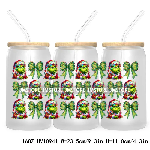 Green Guy Christmas Coquette Bow 16OZ UV DTF Cup Wrap Waterproof Transfer Stickers For Libbey Glass Can Christmas Movie Friends