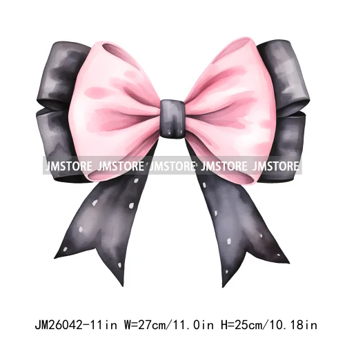 Trendy New Girl Pink Black Polka Dots Ribbons Coquette Bows Washable DTF Iron On Transfer Stickers Ready To Press For Clothing