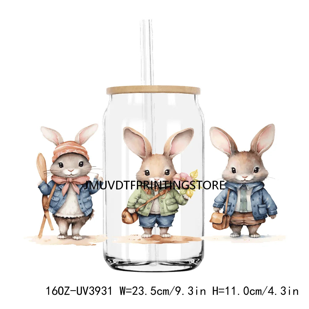 Cute Easter Bunny Rabbit With Flower 16OZ UV DTF Cup Wrap Transfer Sticker Custom Label DIY Waterproof Logo For Libbey Glass Can