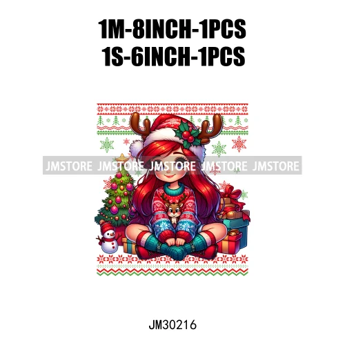 Cute Princess Red Ugly Sweater Cartoon Girls Friends Merry Christmas Iron On DTF Transfers Stickers Ready To Press For Clothing